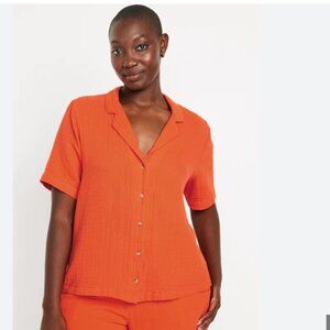 Oversized Crinkle Gauze Button Down Shirt Warm Sunset Old Navy XL Petite Orange